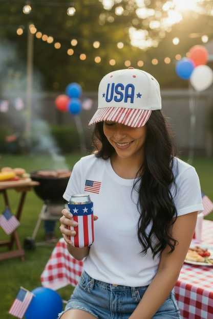 USA 3D Puff Hat - Natural/Red Stripe